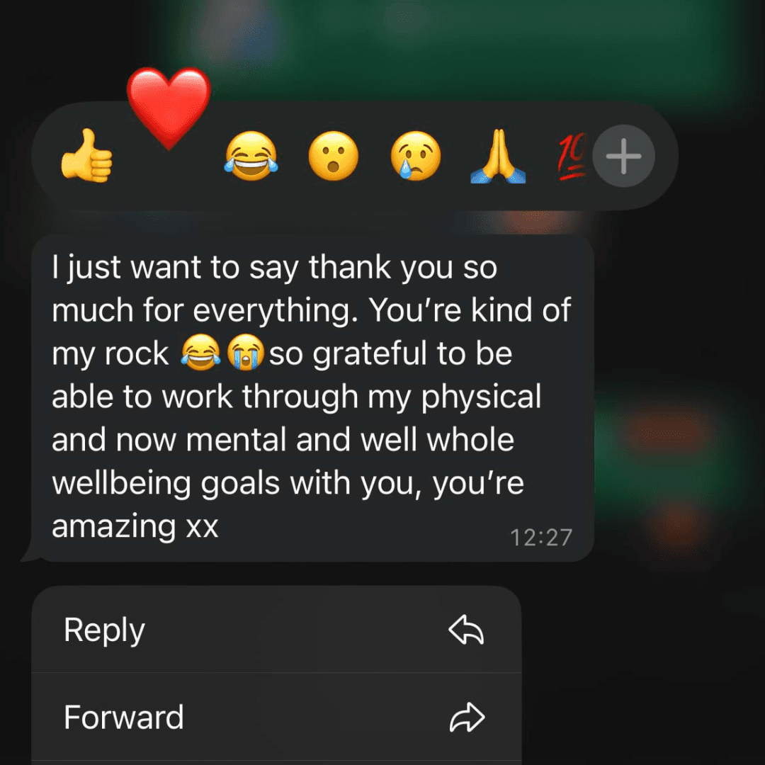 A WhatsApp message at 12:27 with heart, laughing, and prayer emojis. The sender thanks the recipient for their support, calling them 'kind of my rock' and expressing gratitude for help with both physical and mental wellbeing goals.