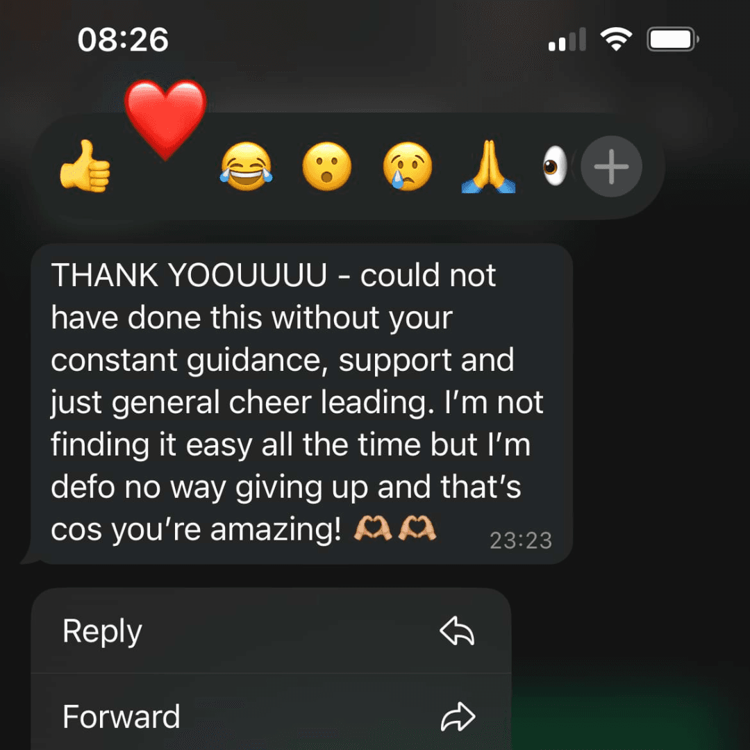 A WhatsApp message at 08:26 with emojis including thumbs up, heart, and laughing face. The message expresses deep gratitude for guidance, support, and cheerleading, mentioning that although it's not always easy, the sender is determined to keep going because of the recipient's amazing support.